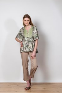 Linen blend leaf print top with knitted details green - ivory