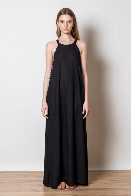 Linen blend cut-out dress with knitted details black