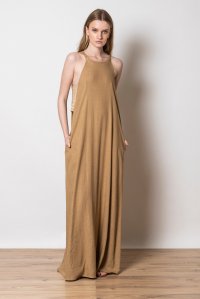 Linen blend cut-out dress with knitted details dark beige