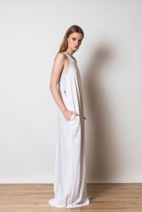 Φόρεμα με λινό και πλεκτές λεπτομέρειες ivory
