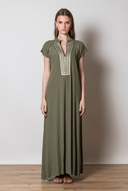 Crepe marocaine cut-out maxi dress with knitted details khaki