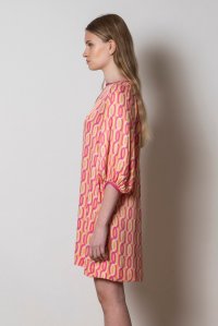 Σατέν εμπριμέ μίνι φόρεμα με πλεκτές λεπτομέρειες orange - fuchsia - sand