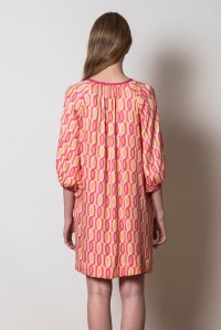 Σατέν εμπριμέ μίνι φόρεμα με πλεκτές λεπτομέρειες orange - fuchsia - sand