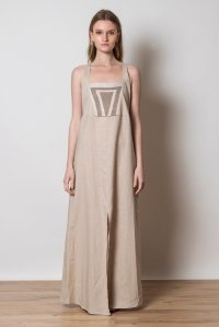 Λινό μακρύ φόρεμα με πλεκτές λεπτομέρειες sand