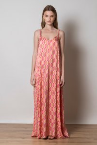 Satin printed maxi open back dress with knitted details orange - fuchsia - sand