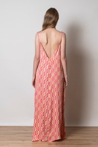 Σατέν εμπριμέ φόρεμα με ανοιχτή πλάτη και πλεκτές λεπτομέρειες orange - fuchsia - sand