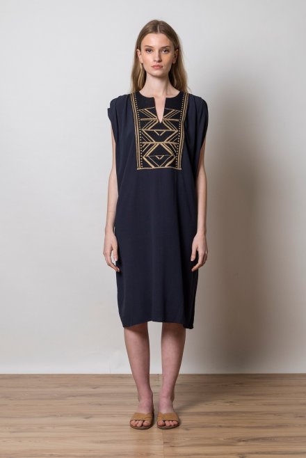 Crepe marocaine mini dress with knitted details navy