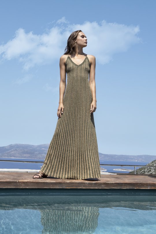 Λούρεξ δίχρωμο μάξι v-φόρεμα olive green - tan gold