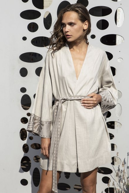 Linen blend kimono with knitted details ivory