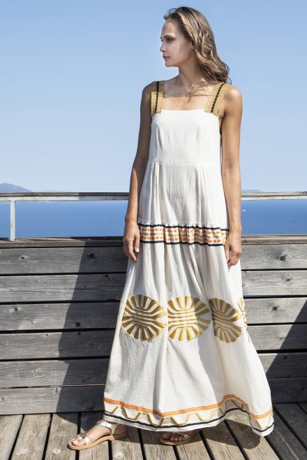 Emproidered jaquard abstract pattern maxi dress with knitted details ivory-gold-black-orange