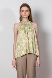 Printed haltherneck top with knitted details bright green - violet - ivory
