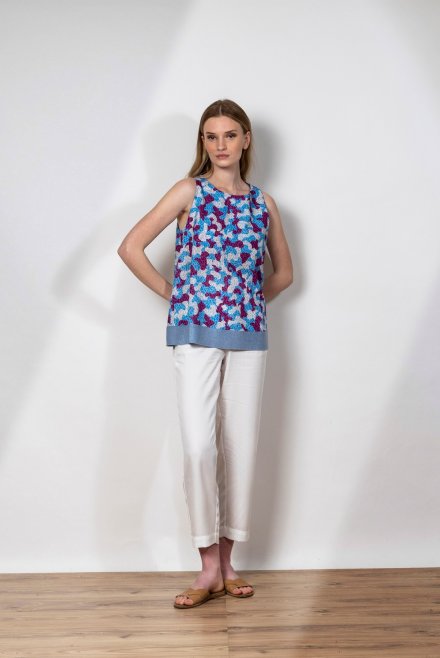 Printed cotton voile tank top with knit detail blue-violet