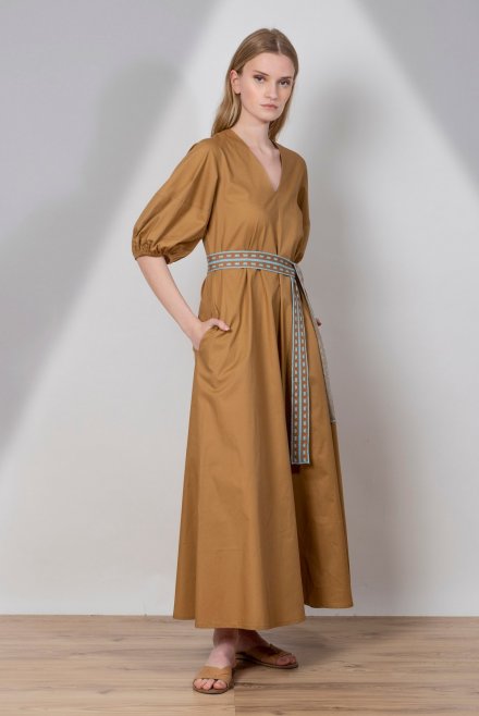 Poplin maxi dress with puffed sleeves and knitted belt summer camel