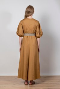 Poplin maxi dress with puffed sleeves and knitted belt summer camel