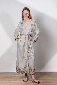 Linen blend v-neck midi dress with knitted details ice