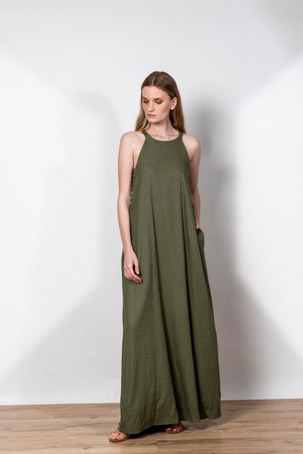 Linen blend cut-out dress with knitted details khaki