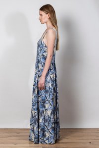 Linen blend leaf  print maxi dress with kntted details ciel- ivory