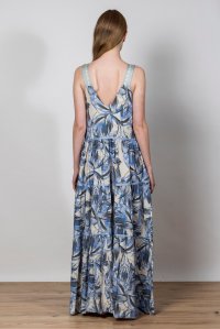 Εμπριμέ φόρεμα με λινό και πλεκτές λεπτομέρειες ciel- ivory