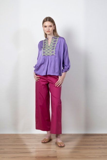 Satin 3/4  sleeved  blouse with knitted details mauve