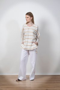 Linen tri-color striped blouse ivory - beige - navy