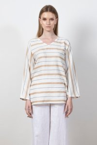 Τρίχρωμη ριγέ μπλούζα από λινό ivory - beige - navy