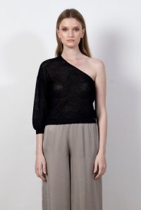 Lurex open knit one shoulder top black