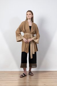 Linen blend kimono with knitted details dark beige