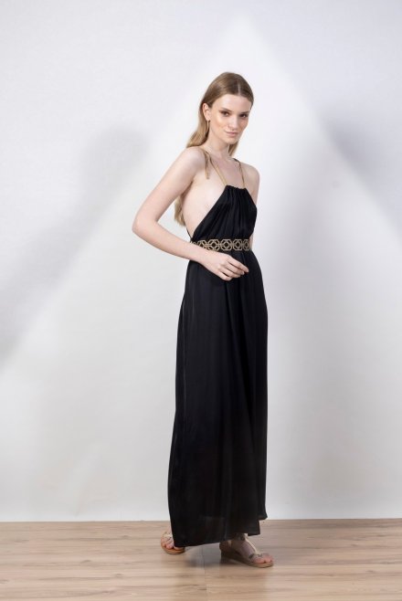 Satin midi dress with knitted handmade details black