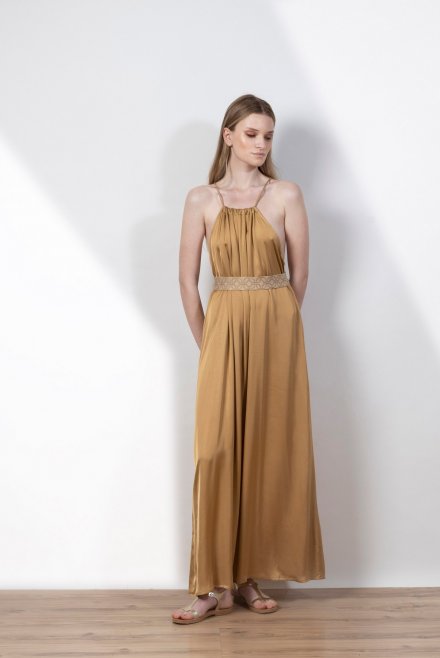 Satin midi dress with knitted handmade details gold