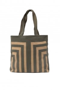 Cotton lurex geometric pattern tote bag khaki-tan gold
