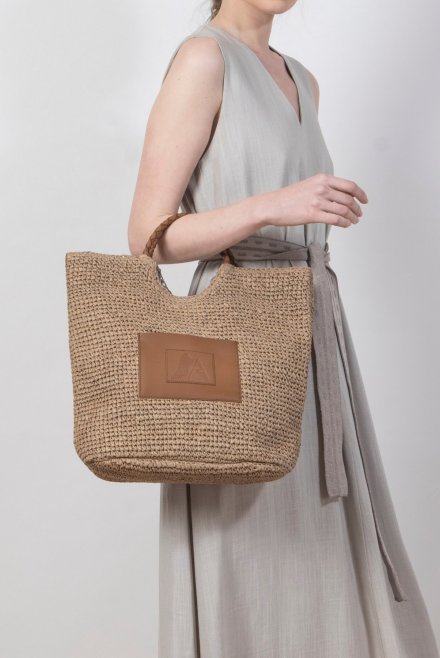 Raffia handbag with front logo natural beige