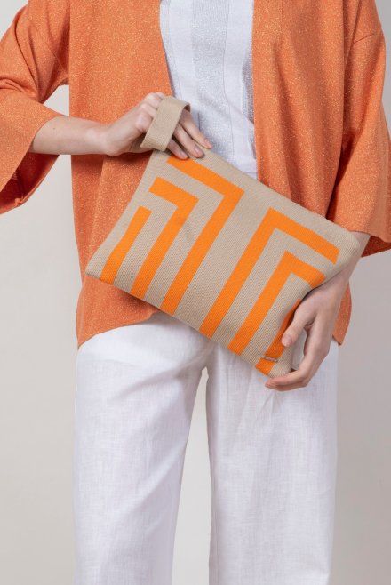 Cotton blend geometric pattern clutch bag alabaster-orange