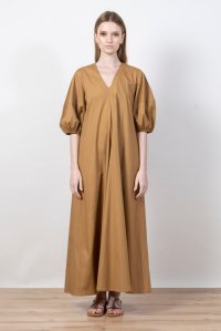 Φόρεμα από ποπλίνα με φουσκωτά μανίκια και πλεκτή ζώνη summer camel