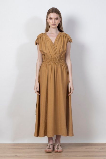 Midi dress with elasticated waist and knitted details summer camel