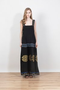 Emproidered jaquard abstract pattern maxi dress with knitted details black-gold-white-cobalt blue