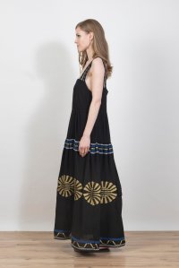 Emproidered jaquard abstract pattern maxi dress with knitted details black-gold-white-cobalt blue