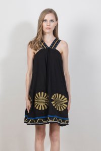 Κεντημένο ζακάρ φόρεμα με πλεκτές λεπτομέρειες black-gold-white-cobalt blue
