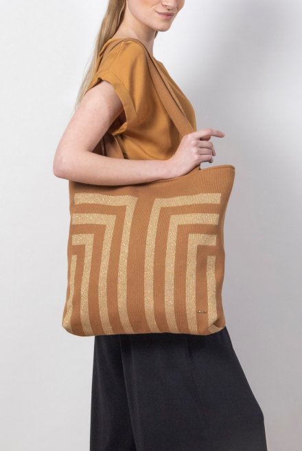 Cotton lurex geometric pattern tote bag chocolate-tan gold
