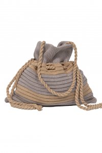 Cotton blend striped bucket bag elephant-dark beige