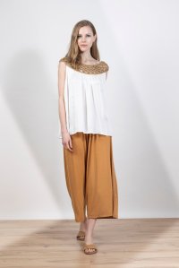 Satin top with handmade knitted details ivory