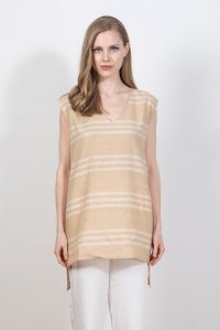Ριγέ λινή αμάνικη μπλούζα beige - ivory