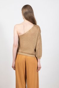 Lurex open knit one shoulder top tan gold