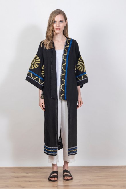 Emproidered jaquard abstract pattern kimono with handmade knitted details black-gold-white-cobalt bl