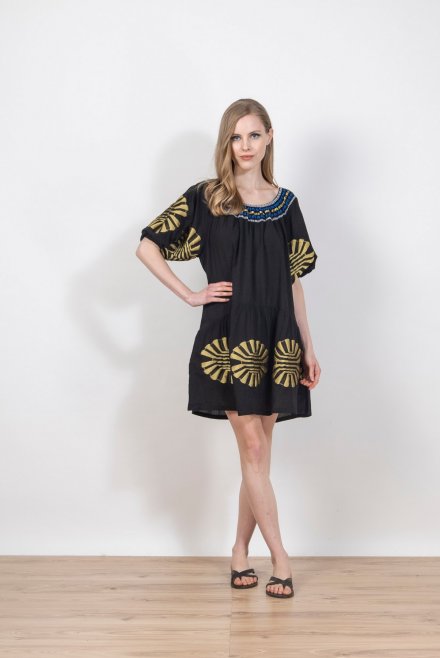 Emproidered jaquard abstract pattern dress with handmade knitted details black-gold-white-cobalt blu