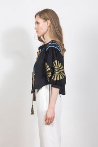 Emproidered jaquard abstract pattern blouse with knitted details black-gold-white-cobalt blue