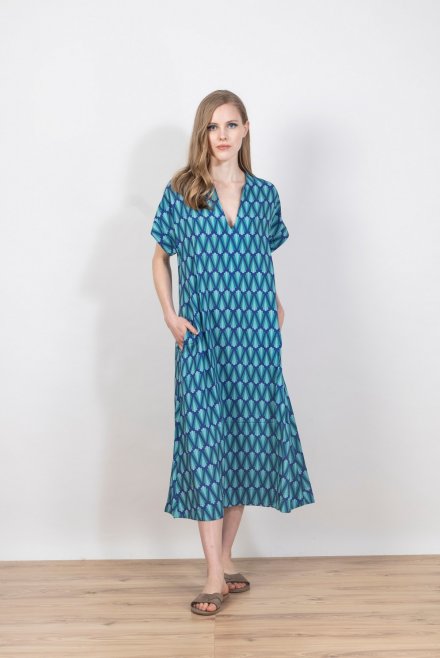 Geometric patterned V-neck midi dress atlantic blue-blue grass