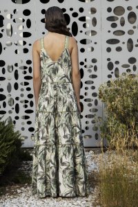 Εμπριμέ φόρεμα με λινό και πλεκτές λεπτομέρειες green - ivory