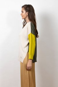 Cotton blend  colour block  cardigan khaki-lime-light beige
