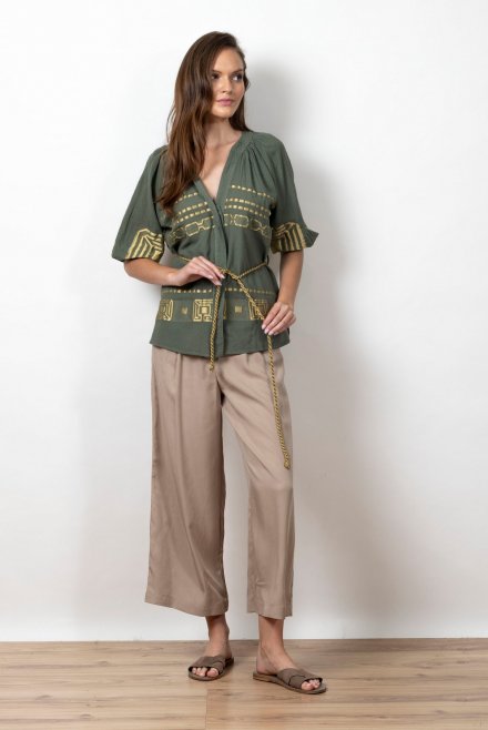 Emproidered jaquard shirt with geometrical pattern and knitted belt khaki - gold