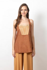 Linen top with knitted details chocolate